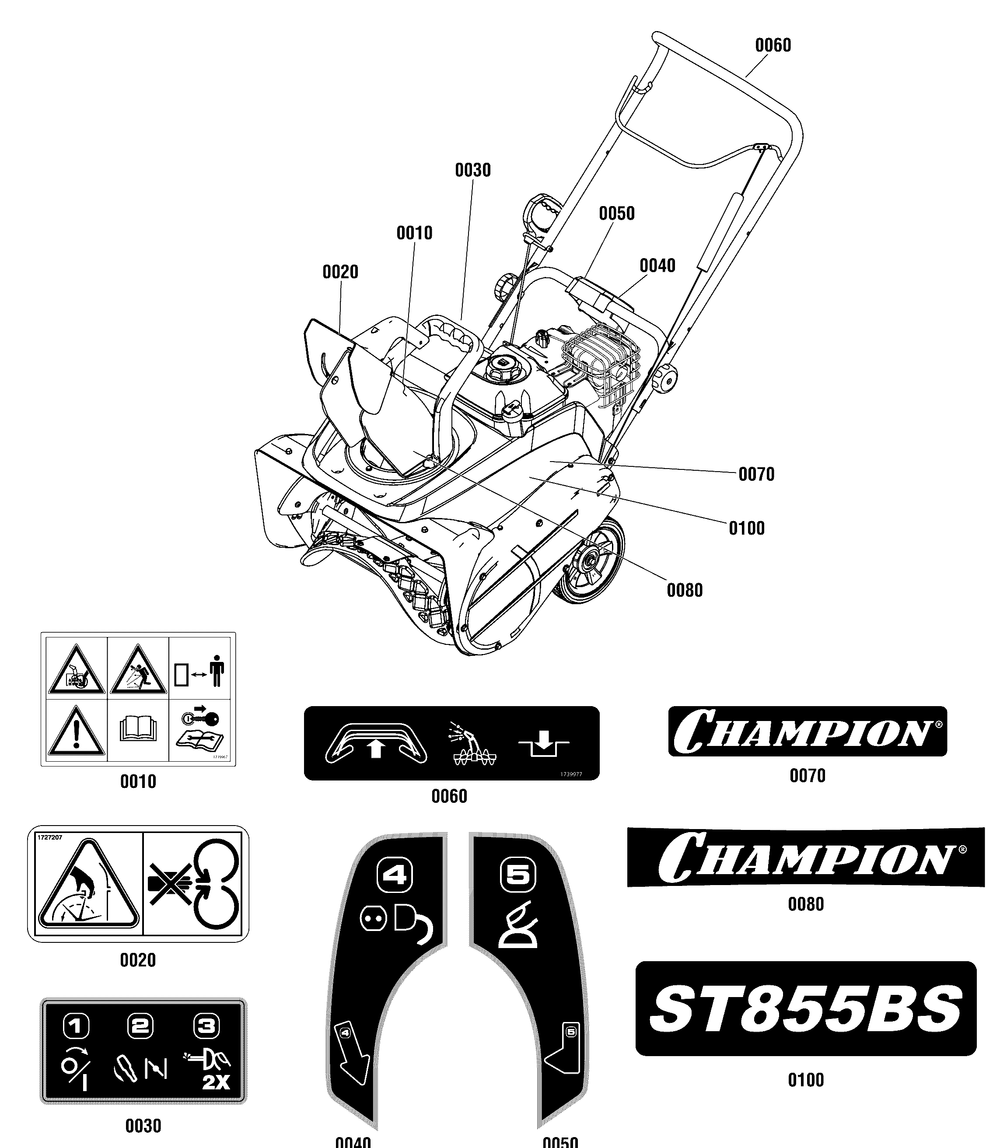 Decals Group Diagram and Parts List for 1696544-00-ST855BS 2015 Briggs and Stratton Snow Blower